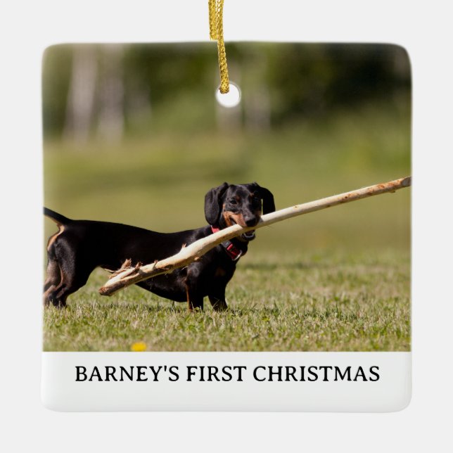 Ornamento De Cerâmica DACHSHUND Primeiro Nome de Foto de Natal Ano (Frente)