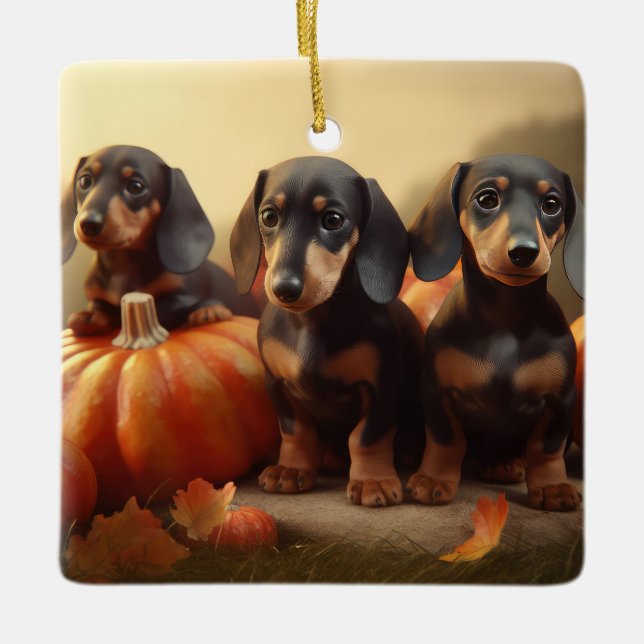 Ornamento De Cerâmica Dachshund Puppy Autumn Delight Pumpkin (Frente)