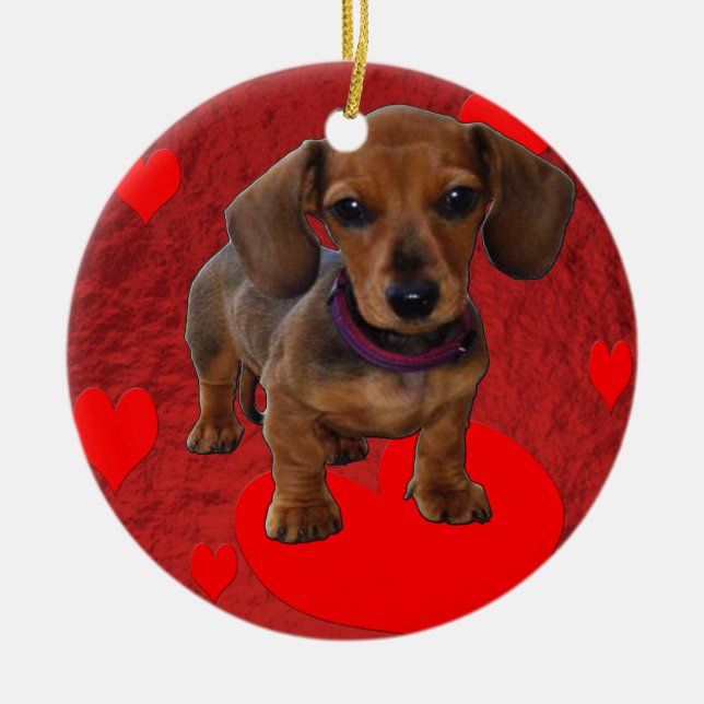 Ornamento De Cerâmica DACHSHUND Puppy com Corações (Frente)