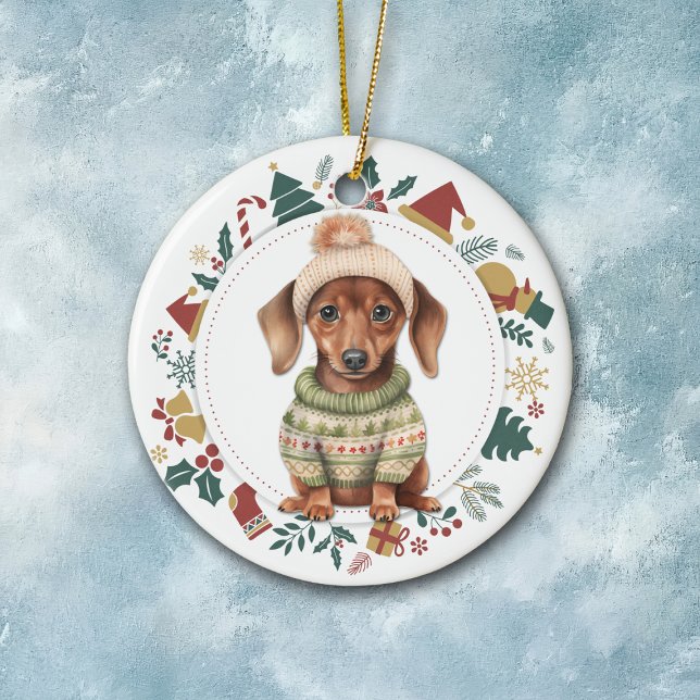 Ornamento De Cerâmica Dachshund Puppy no Natal do Sweet (Criador carregado)