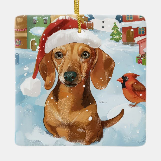 Ornamento De Cerâmica Dachshund Winter Wonderland Natal Joy (Frente)