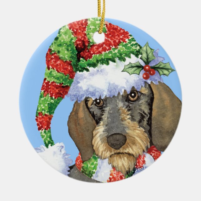 Ornamento De Cerâmica Dachshund Wirehaired feliz de Howlidays (Frente)