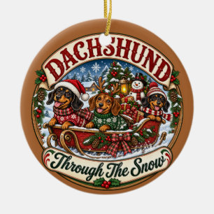 Ornamento De Cerâmica Dachshunds Através da Neve Natalício Festivo
