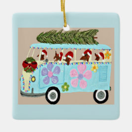 Ornamento De Cerâmica Dachshunds em sua Van Hippie de Natal