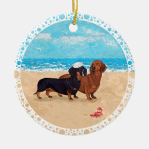 Ornamento De Cerâmica Dachshunds na Praia