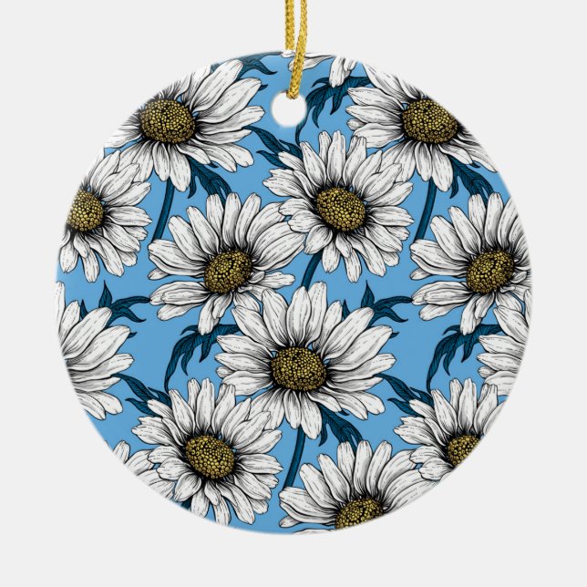 Ornamento De Cerâmica Daisies, flores silvestres em azul (Frente)