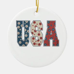 Ornamento De Cerâmica Daisy Flower USA Flag 4° do Patriótico de julho