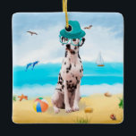 Ornamento De Cerâmica Dalmation Dog on Beach<br><div class="desc">Um cachorro bonito sentado na praia é uma ideia perfeita para alguém que ama essa raça de cachorro.</div>