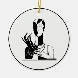 Ornamento De Cerâmica Dama Art Déco Vintage Com Pérolas Preto Transp
