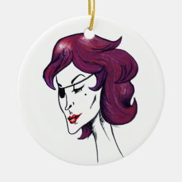 Ornamento De Cerâmica Dama Pirata Violeta Mulher Cabelo Roxo Desenho Art