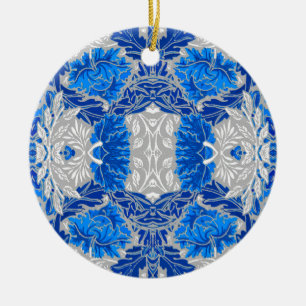Ornamento De Cerâmica Damasco Floral, Azul Sapphire e Cinzas