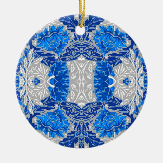 Ornamento De Cerâmica Damasco Floral, Azul Sapphire e Cinzas (Frente)