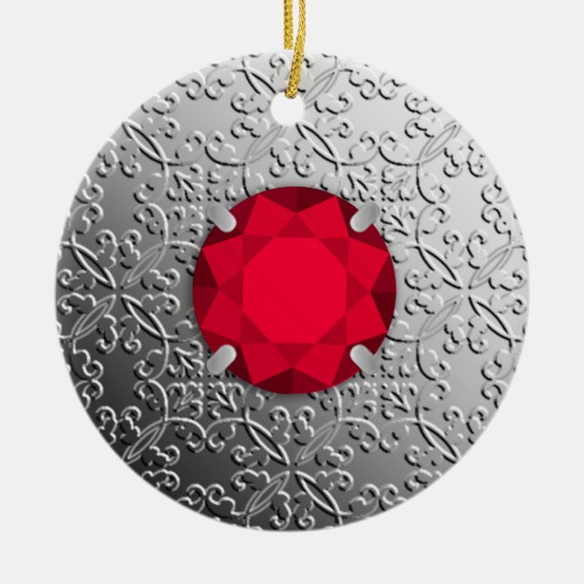Ornamento De Cerâmica Damasco prateado com gemstone falso (Frente)