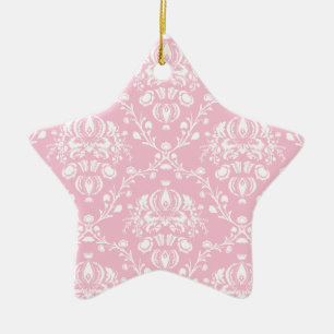Ornamento De Cerâmica Damasco Rosa e Branco