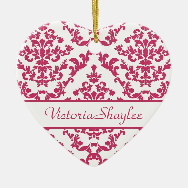 Ornamento De Cerâmica Damasco Rosa nº 2 personalizável (Frente)