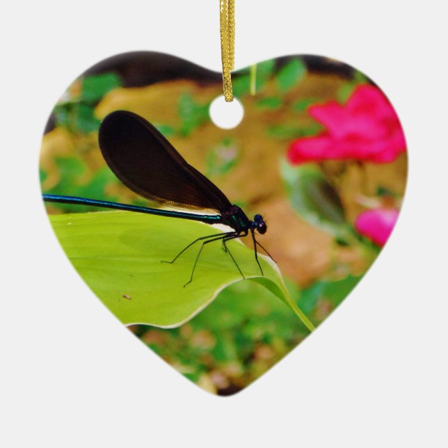 Ornamento De Cerâmica Damselfly e Rosa (Frente)