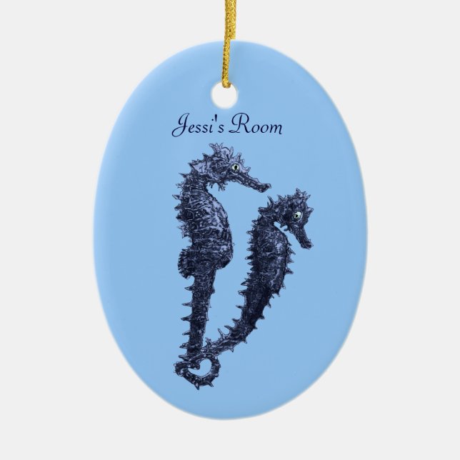 Ornamento De Cerâmica Dança Dos Cavalos-marinhos (Azul) (Perigo Da Porta (Frente)