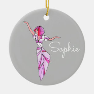 Ornamento De Cerâmica Dançarina rosa-escura com cabelo cor-de-rosa