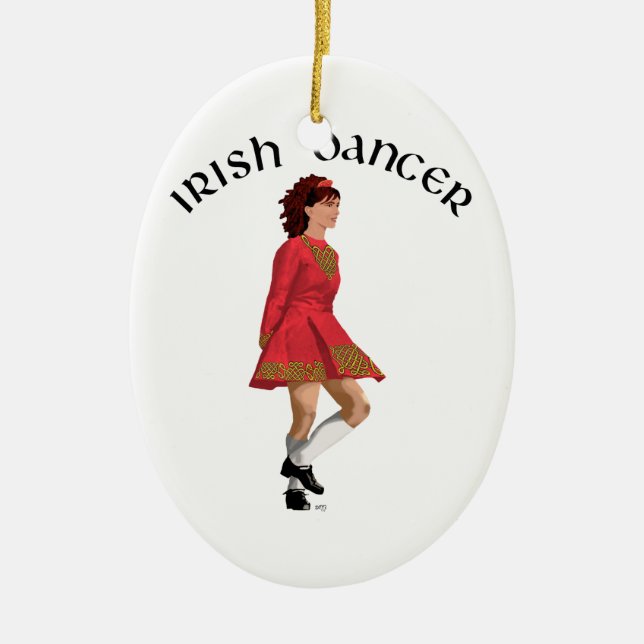 Ornamento De Cerâmica Dançarino Irlandês Brunette em Vermelho (Frente)