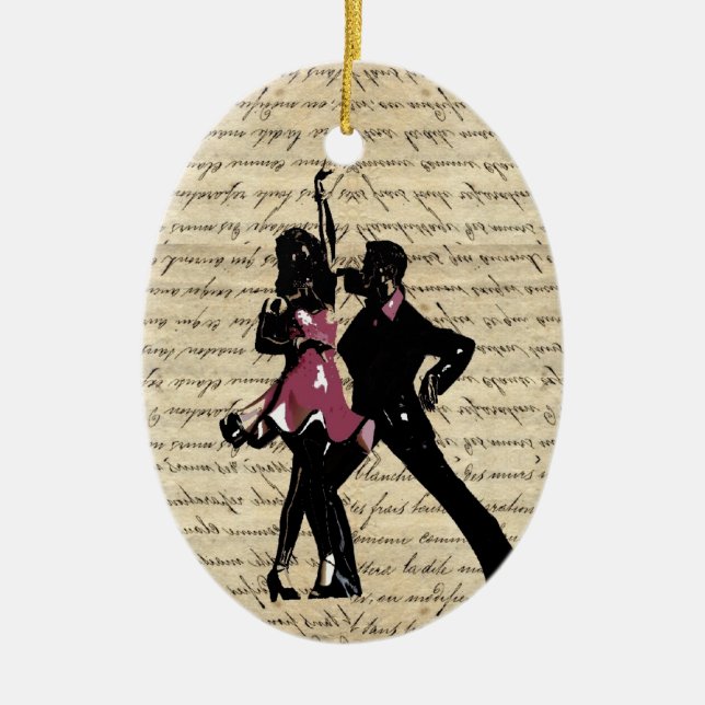Ornamento De Cerâmica Dançarinos de salão em papel antigo (Frente)