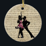 Ornamento De Cerâmica Dançarinos do salão de baile no papel do vintage<br><div class="desc">Personalize facilmente este casal à moda de dançarinos do estilo do deco da arte tradicional em cor-de-rosa e em preto em um fundo do papel do vintage.,  com seu próprio texto.</div>