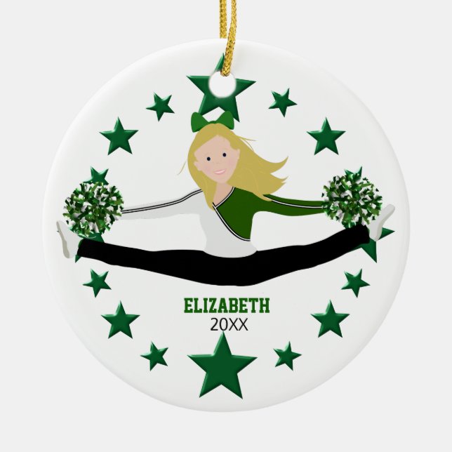Ornamento De Cerâmica Dance Cheer Blonde, estrelas verdes e brancas (Frente)