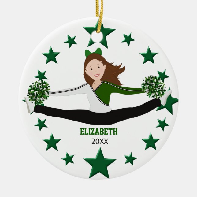Ornamento De Cerâmica Dance Cheer Brunette Green Stars & White (Frente)