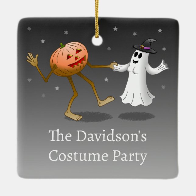 Ornamento De Cerâmica Dancing Halloween Pumpkin and Ghost (Verso)