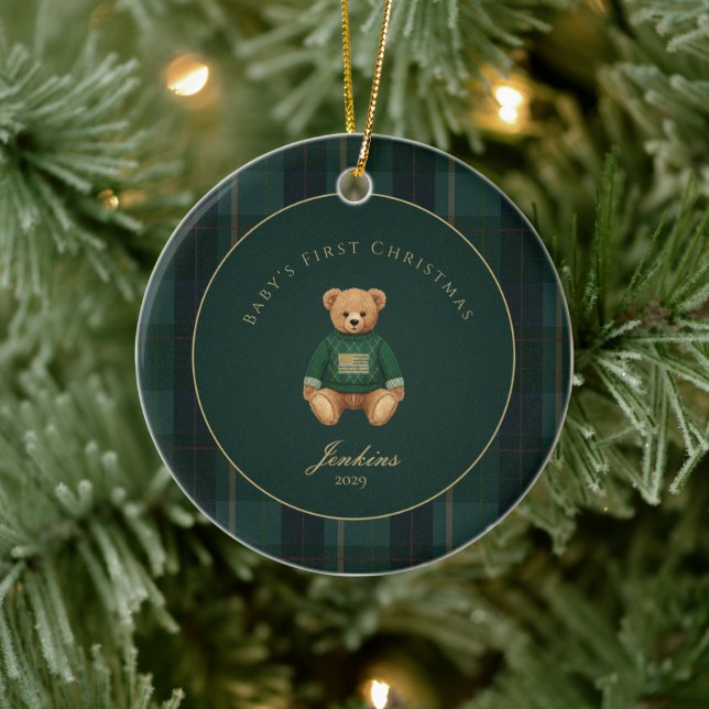 Ornamento De Cerâmica Dark Green Tartan Plaid Babys First Christmas  (Árvore)