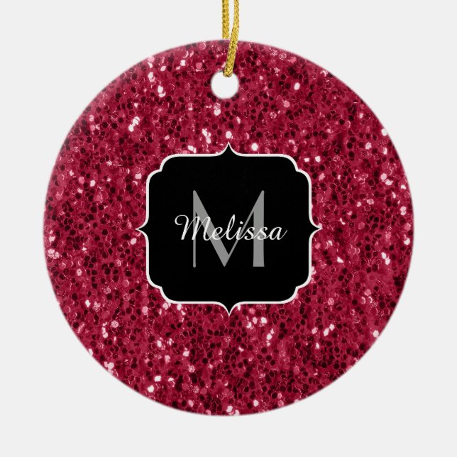 Ornamento De Cerâmica Dark pink red magenta faux sparkles Monogram (Frente)