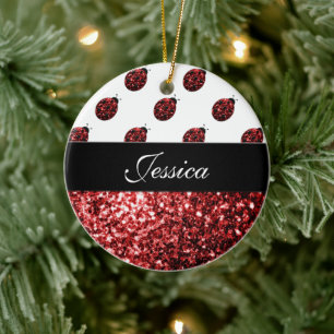 Ornamento De Cerâmica Dark red ladybug faux glitter sparkles Monogram