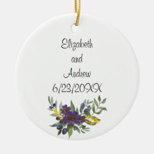 Ornamento De Cerâmica Data de Casamento Personalizada Floral Roxo Amarel