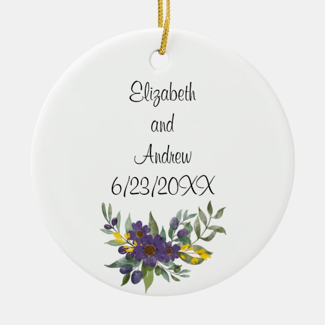 Ornamento De Cerâmica Data de Casamento Personalizado Amarelo Roxo (Frente)