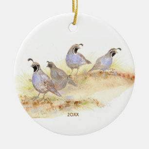 Ornamento De Cerâmica Data Personalizada ou Texto Aquarela Codorna da Ca