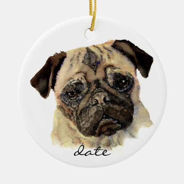 Ornamento De Cerâmica Data Personalizada, Pug, Pet, Cão, Animal (Frente)