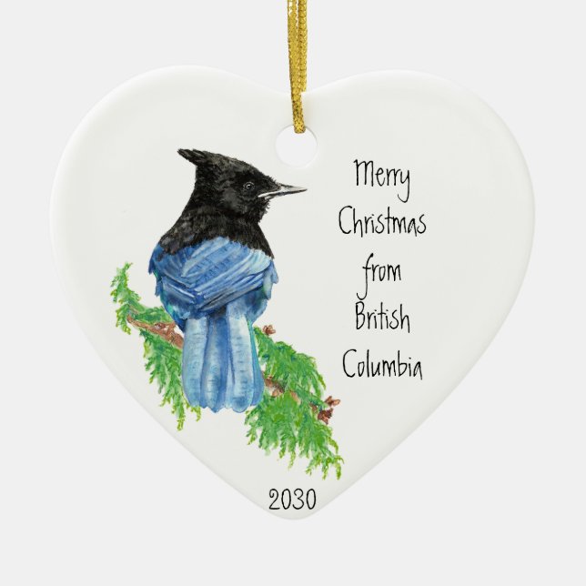 Ornamento De Cerâmica Dated Felry Christmas British Columbia Jay Bird (Frente)