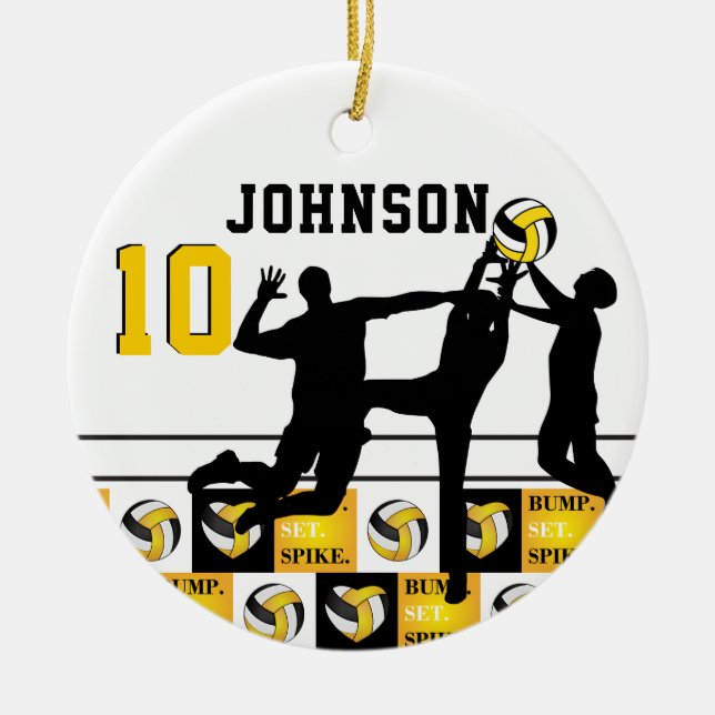 Ornamento De Cerâmica 🏐 de Voleibol - Bump, Set, Spike - Amarelo Dourad (Frente)