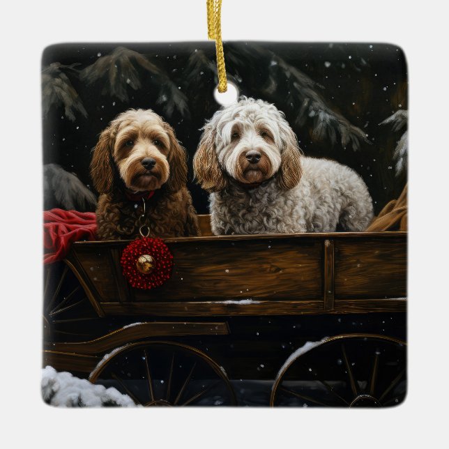 Ornamento De Cerâmica Decado de Natal Cockapoo Snowy Sleigh (Frente)