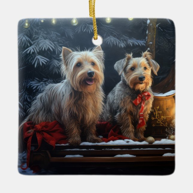 Ornamento De Cerâmica Decência de Natal de Terrier Snowy Sleigh (Frente)