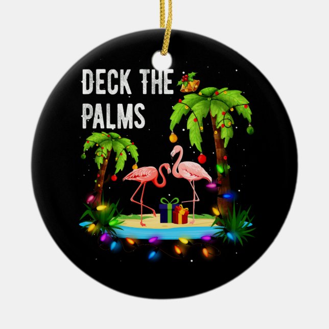 Ornamento De Cerâmica Deck Tree Beach Flamingo Xmas Natal (Frente)