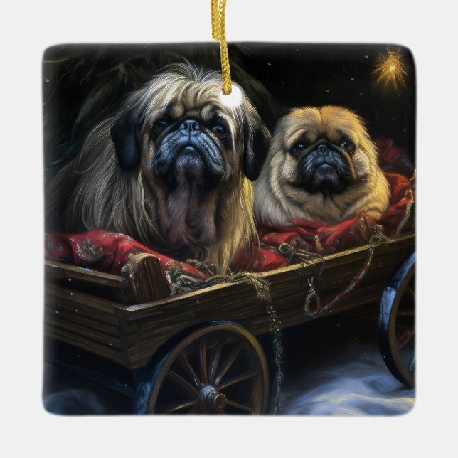 Ornamento De Cerâmica Decoração de Natal de Pekingese Snowy Sleigh (Frente)
