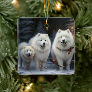 Ornamento De Cerâmica Decoração de Natal Samoyed Snowy Sleigh