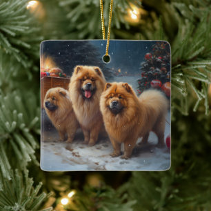Ornamento De Cerâmica Decoração de Natal Trenó com Chow Chow na Neve