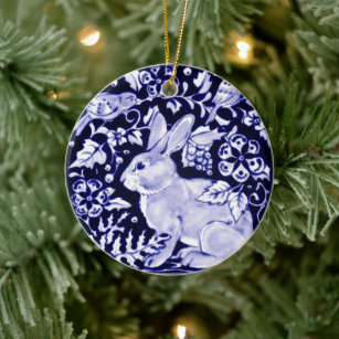 Ornamento De Cerâmica Dedham Blue Rabbit, Classic Blue & White Custom