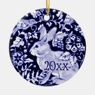 Ornamento De Cerâmica Dedham Blue Rabbit, Classic Blue & White Dated