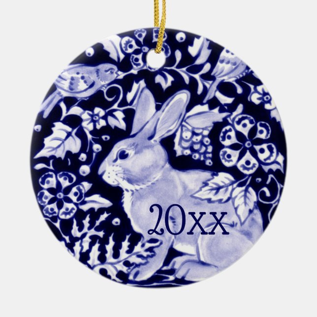 Ornamento De Cerâmica Dedham Blue Rabbit, Classic Blue & White Dated (Frente)