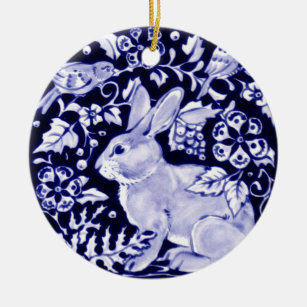 Ornamento De Cerâmica Dedham Blue Rabbit, Classic Blue & White Design