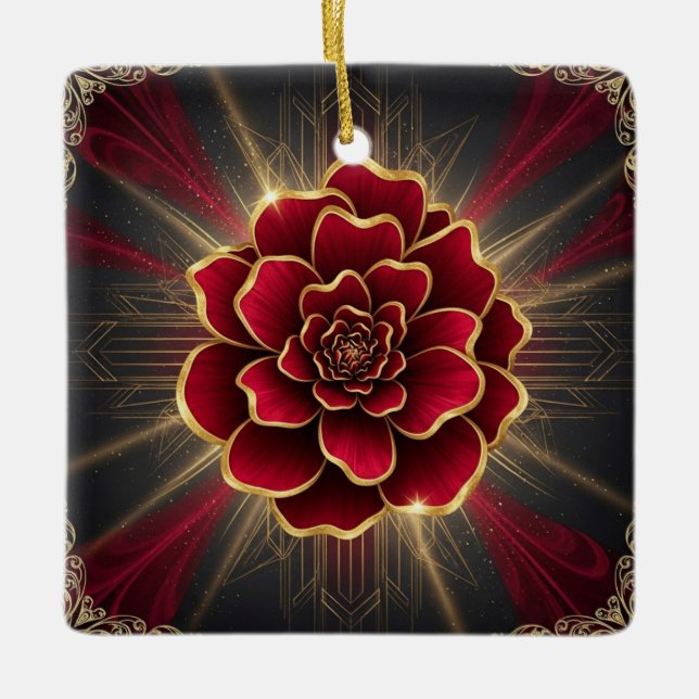 Ornamento De Cerâmica Deep Red Art Deco Flower Ornament with Gold Accent (Frente)