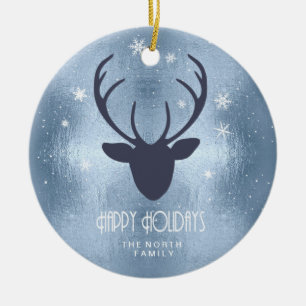 Ornamento De Cerâmica Deer Antlers Silhouette & Snowflakes Blue ID861
