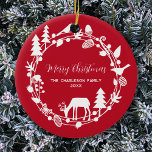 Ornamento De Cerâmica Deer Forest Wreath Personalizado<br><div class="desc">Um veado bonito e único ao estilo escandinavo na design de floresta para um toque de magia de férias. Altere a saudação,  o nome da família e o ano para personalizar. Arte original de Nic Squirrell.</div>